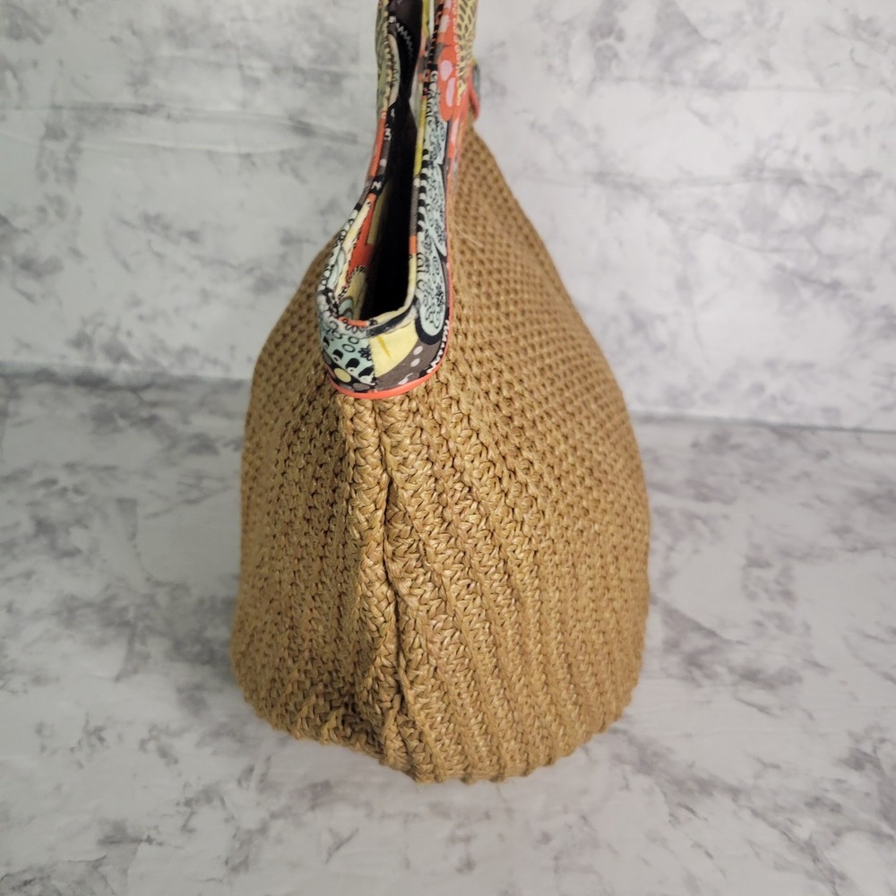 Vera Bradley Straw Tote Bag Tan Woven Floral Trim Orange Braided Handles Boho - Picture 2 of 12